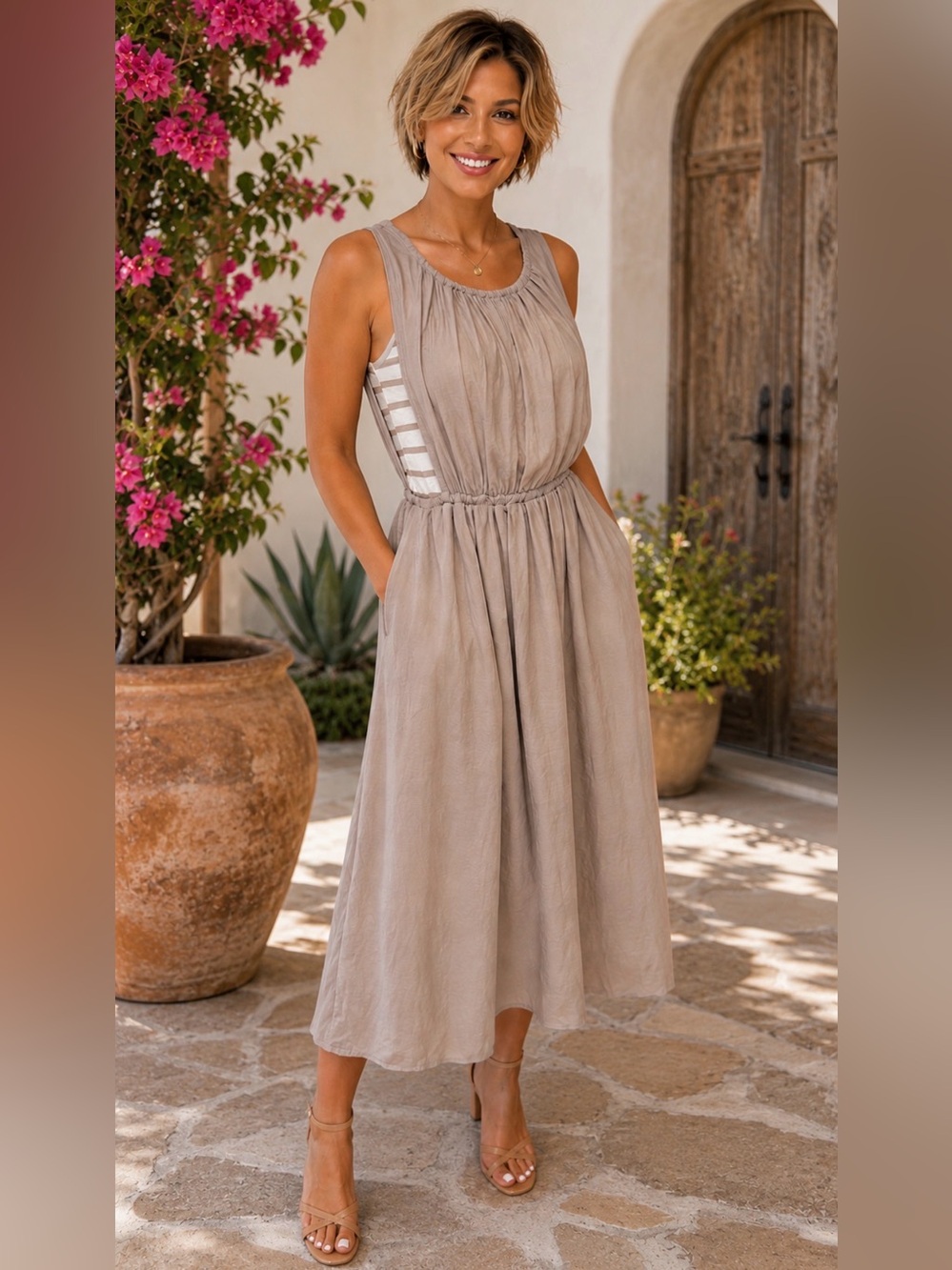 dolan Taupe Sleeveless Midi Dress with Gathered Bodice